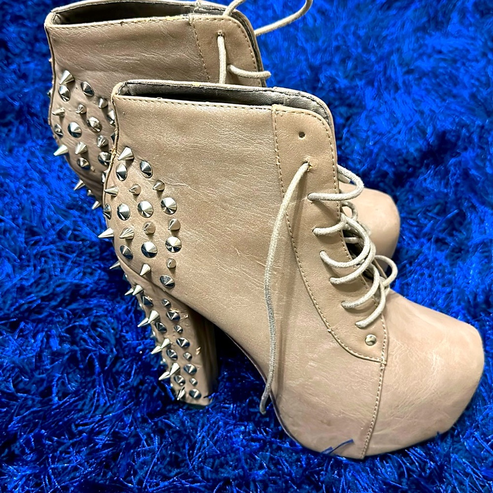 Spike Platform Tan Strap Up Ankle Boots.